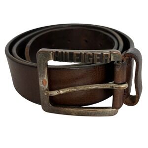 Vintage Tommy Hilfiger Belt Brown Leather Y2K Square Gold Buckle 1.5" Wide L 45"